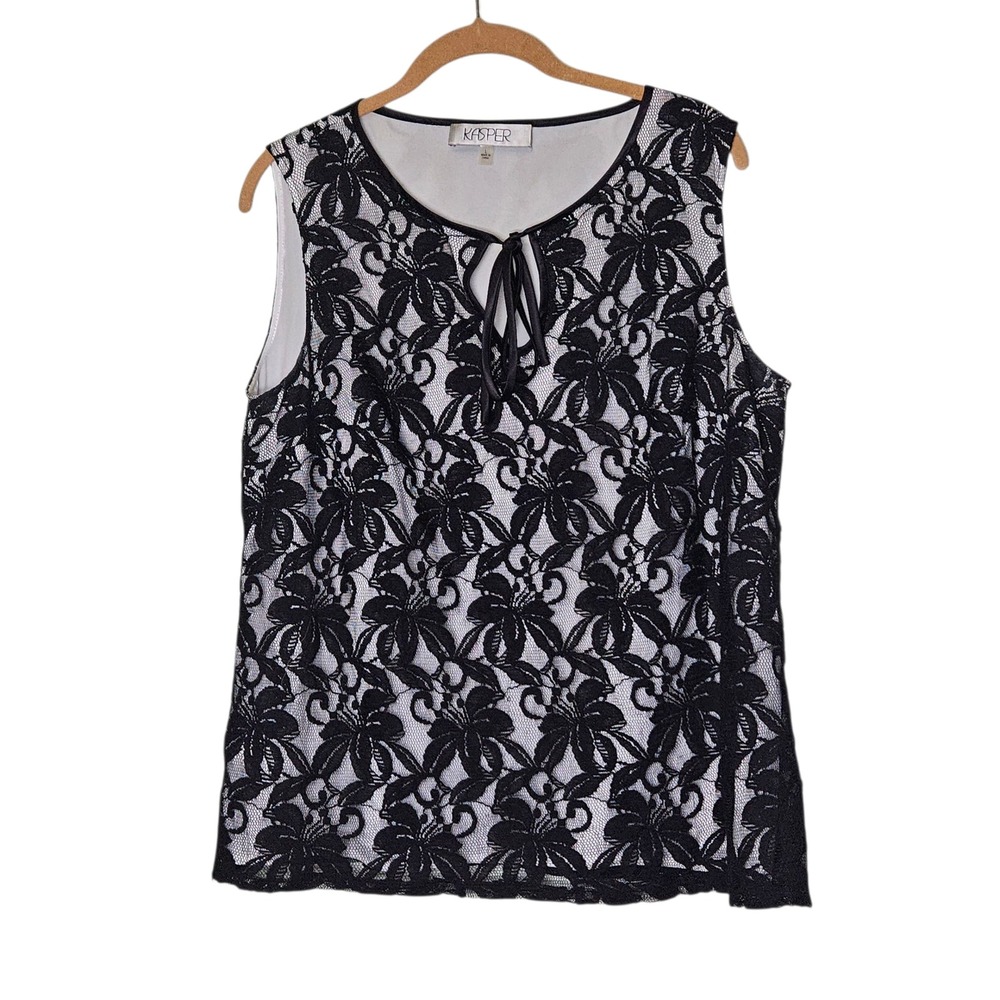 Kasper Black‎ Floral Lace Sleeveless Top Blouse Lined Elegant Career Tie Neck L